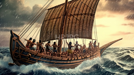 High Resolution: Ancient wooden ship with large tattered brown sails navigating rough ocean waves during sunset and rainstorm download. | HRJPG.com