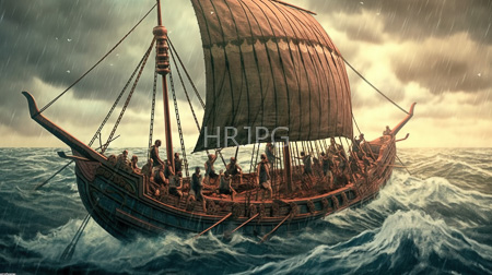 High Resolution: Ancient wooden ship with large tattered sails navigating stormy waters under rainy skies download. | HRJPG.com