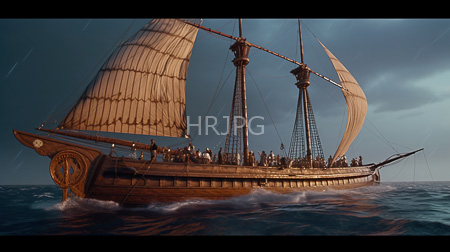 High Resolution: Ancient wooden sailing ship with two large beige sails and intricate rigging on stormy seas at sunset download. | HRJPG.com