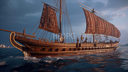 High Resolution: Ancient wooden sailing ship with large tattered brown sails on choppy blue ocean waters download. | HRJPG.com