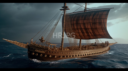 High Resolution: Ancient wooden galleon with large brown-sailed masts sailing through turbulent dark blue ocean waters download. | HRJPG.com