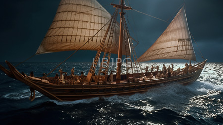 High Resolution: Ancient wooden sailing ship with two large beige sails illuminated by sunlight against dark clouds download. | HRJPG.com