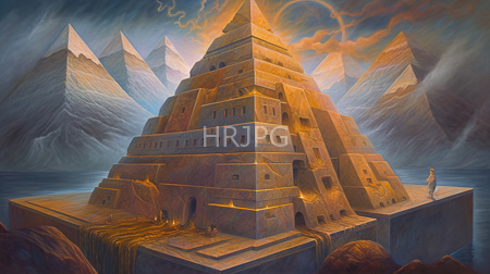 High Resolution: Ancient pyramid-shaped temple with multiple tiers standing before towering snow-capped mountains download. | HRJPG.com