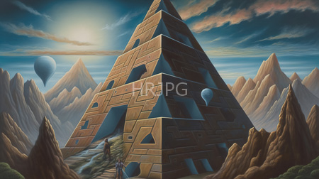 High Resolution: Ancient geometric pyramid with brown and blue patterns in mountainous terrain at sunset download. | HRJPG.com
