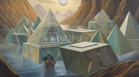 High Resolution: Ethereal lake surrounded by transparent geometric pyramids with reflective surfaces and greenish hues download. | HRJPG.com