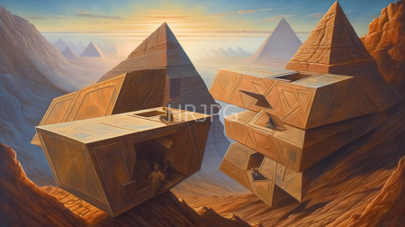 High Resolution: Ancient desert-like landscape featuring three large pyramid-shaped structures with geometric patterns download. | HRJPG.com