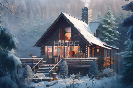 High Resolution: Idyllic snow-covered log cabin in a forest at dawn or dusk illuminated by warm yellow-orange light download. | HRJPG.com