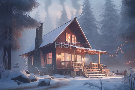 High Resolution: Isolated wooden cabin in winter with snow-covered roof illuminated by warm yellow light from windows download. | HRJPG.com