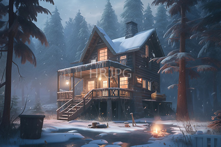 High Resolution: Isolated wooden cabin in winter with snow-covered roof and balcony illuminated by warm yellow light download. | HRJPG.com