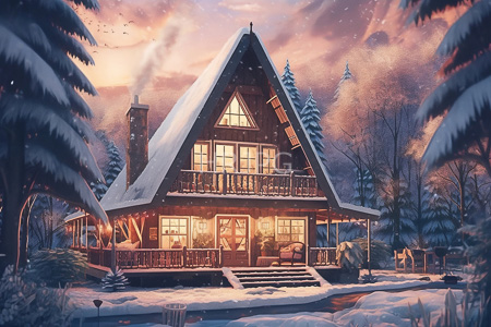 High Resolution: Enchanting snow-covered wooden cabin with steep gabled roof illuminated by warm yellow lights at sunset download. | HRJPG.com