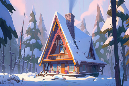 High Resolution: A-frame wooden cabin in winter with snow-covered roof and chimney emitting smoke download. | HRJPG.com