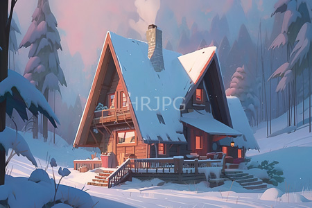 High Resolution: A-frame wooden cabin in winter covered with snow featuring red walls and small windows emitting warm light download. | HRJPG.com