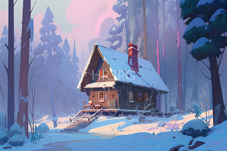 High Resolution: Enchanting snow-covered wooden cottage with steep roof and red chimney in a magical forest download. | HRJPG.com