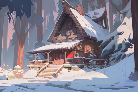 High Resolution: A-frame wooden cabin in winter surrounded by snow-covered trees featuring a red door download. | HRJPG.com