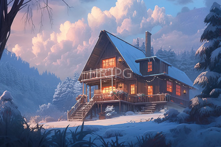 High Resolution: Idyllic snow-covered wooden cabin at dusk with warm yellow lights glowing from its windows and balcony download. | HRJPG.com