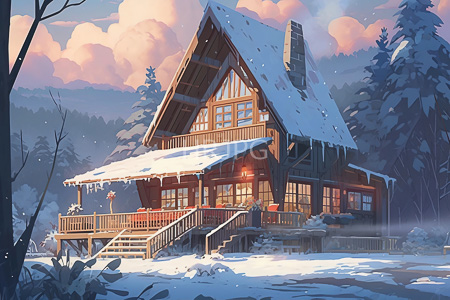 High Resolution: A-frame wooden cabin in winter covered with snow featuring warm yellow light glowing from windows download. | HRJPG.com