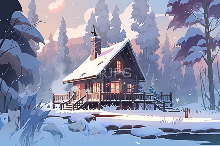 High Resolution: Snow-covered wooden cabin with lit windows set in an enchanting winter forest at sunset download. | HRJPG.com