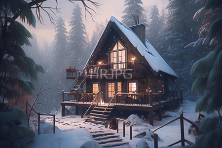 High Resolution: Enchanting snow-covered wooden cabin in a forest at dusk illuminated by warm yellow lights download. | HRJPG.com