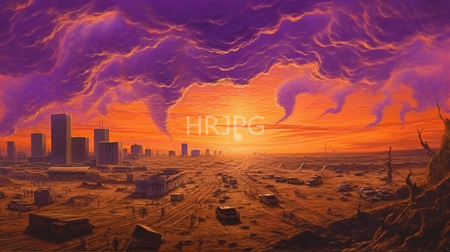 High Resolution: Apocalyptic cityscape at sunset featuring vibrant purple and orange clouds over barren desert terrain download. | HRJPG.com