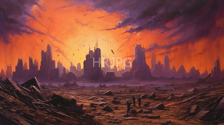 High Resolution: Apocalyptic cityscape at sunset featuring darkened skyscrapers with jagged rooftops and scattered debris download. | HRJPG.com