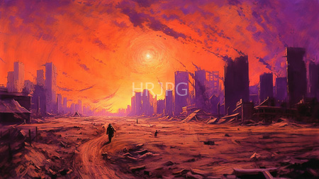 High Resolution: Apocalyptic cityscape at sunset featuring vibrant orange and purple skies with scattered clouds download. | HRJPG.com