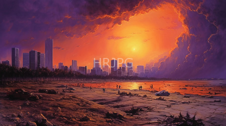 High Resolution: Urban beach at sunset featuring vibrant orange and purple skies with dramatic clouds download. | HRJPG.com