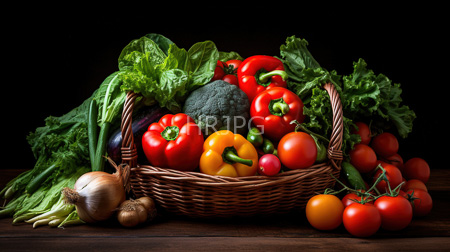 High Resolution: Overflowing wicker basket filled with vibrant vegetables including red bell peppers yellow and green bells broccoli head download. | HRJPG.com