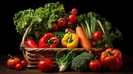 High Resolution: Overflowing wicker basket filled with vibrant vegetables against a black background including red tomatoes green leaf lettuce yellow and bell peppers download. | HRJPG.com
