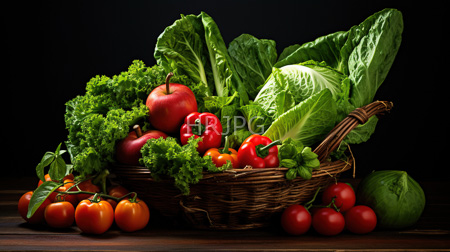 High Resolution: Fresh vegetables in wicker basket on dark wooden table featuring vibrant red apples and peppers download. | HRJPG.com