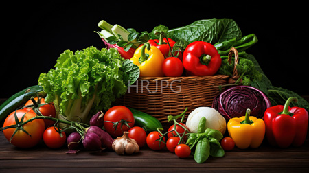 High Resolution: Abundant colorful vegetable basket on dark wood table against black background including red and yellow bell peppers download. | HRJPG.com