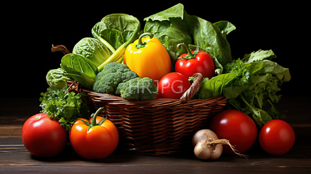 High Resolution: Assortment of fresh vegetables in and around a woven basket on dark wooden surface against black background download. | HRJPG.com