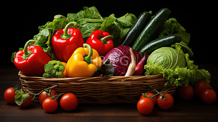 High Resolution: Oval wicker basket filled with vibrant vegetables including red bell peppers yellow and green bells broccoli florets download. | HRJPG.com