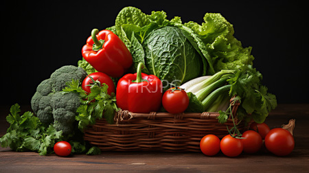 High Resolution: Fresh vegetables in wicker basket on dark wooden surface against black background including red bell peppers download. | HRJPG.com
