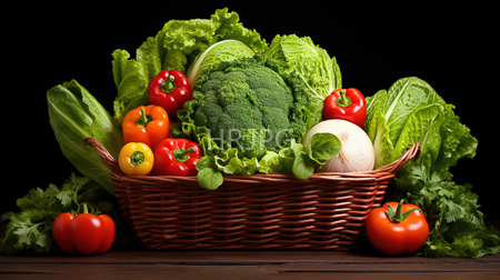 High Resolution: Vibrant fresh vegetables in an oval wicker basket against black background including broccoli head download. | HRJPG.com