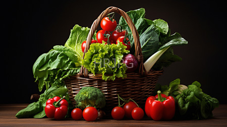 High Resolution: Overflowing wicker basket filled with fresh vegetables including red tomatoes on top and sides download. | HRJPG.com