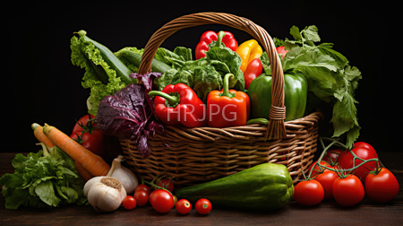High Resolution: Overflowing wicker basket filled with vibrant vegetables including red and yellow bell peppers green leafy lettuce purple cabbage leaves download. | HRJPG.com
