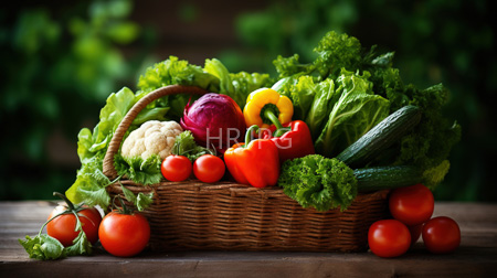 High Resolution: Overflowing wicker basket filled with fresh vegetables including red and yellow bell peppers cauliflower head purple cabbage half-shell download. | HRJPG.com