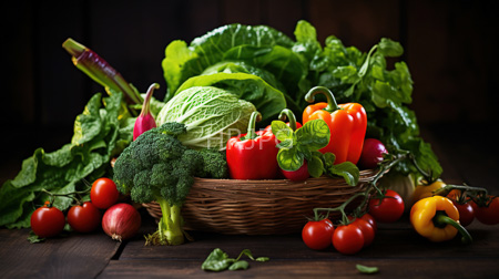 High Resolution: Vibrant fresh vegetables in wicker basket on wooden table including red bell peppers green broccoli head download. | HRJPG.com