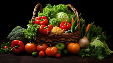 High Resolution: Overflowing wicker basket filled with vibrant vegetables including red tomatoes green bell peppers cabbage heads broccoli florets download. | HRJPG.com