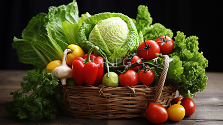High Resolution: Overflowing wicker basket on wooden table filled with vibrant vegetables including red bell peppers green and yellow cherry tomatoes download. | HRJPG.com