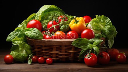 High Resolution: Fresh vegetables in wicker basket on dark wooden surface against black background including vibrant red tomatoes download. | HRJPG.com