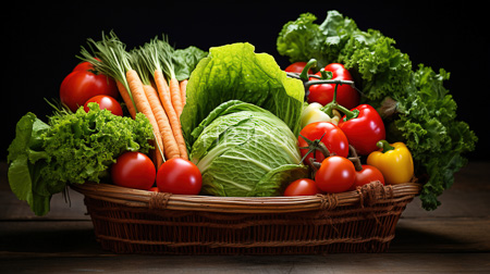 High Resolution: Overflowing wicker basket filled with fresh vegetables including bright red tomatoes on vines and stems download. | HRJPG.com
