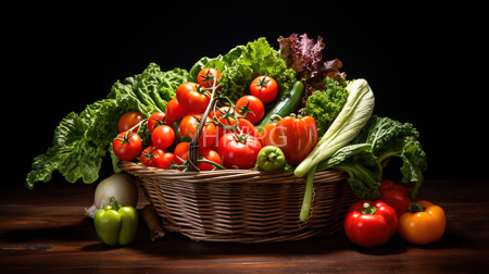 High Resolution: Overflowing wicker basket filled with vibrant fresh vegetables against a dark background on wooden surface download. | HRJPG.com