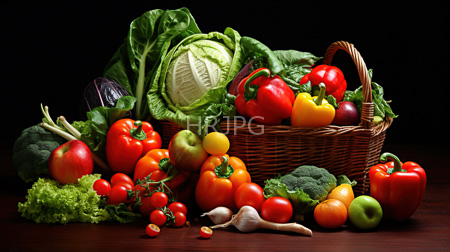 High Resolution: Abundant basket and scattered vegetables on dark wooden surface featuring red bell peppers tomatoes with green stems download. | HRJPG.com
