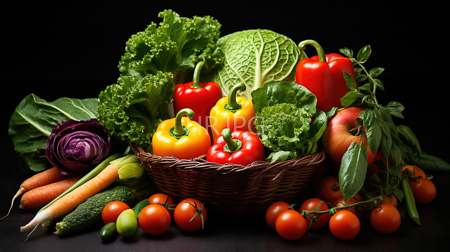 High Resolution: Abundant basket filled with colorful vegetables against black background including red and yellow bell peppers download. | HRJPG.com