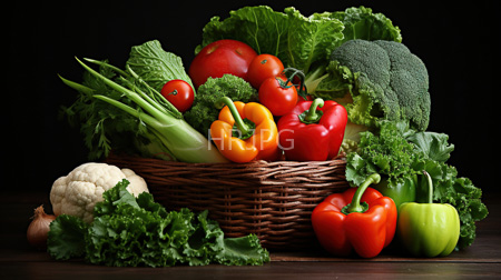 High Resolution: Assortment of fresh vegetables in and around wicker basket on dark wooden surface against black background download. | HRJPG.com