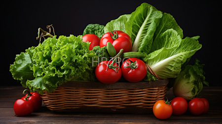 High Resolution: Fresh vegetables in wicker basket on dark wooden table featuring vibrant red tomatoes with green stems and leaves download. | HRJPG.com