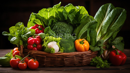 High Resolution: Overflowing wicker basket filled with fresh vegetables including red bell peppers and tomatoes on stems download. | HRJPG.com
