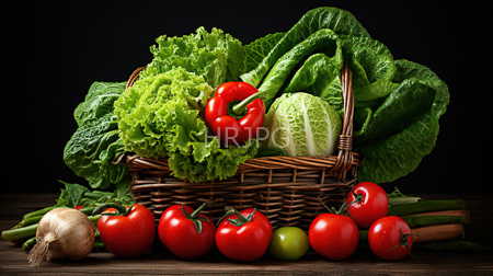 High Resolution: Fresh vegetables in wicker basket against black background featuring vibrant red tomatoes and peppers at front download. | HRJPG.com