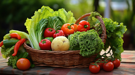 High Resolution: Overflowing wicker basket filled with vibrant fresh vegetables including red and green bell peppers leafy lettuce heads download. | HRJPG.com